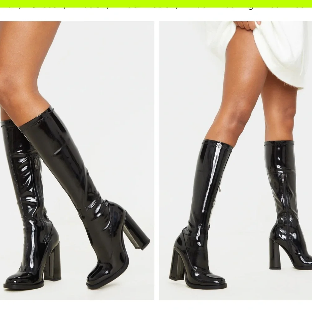 Black Knee High Block Heel Sock Boot - Picture 4 of 15